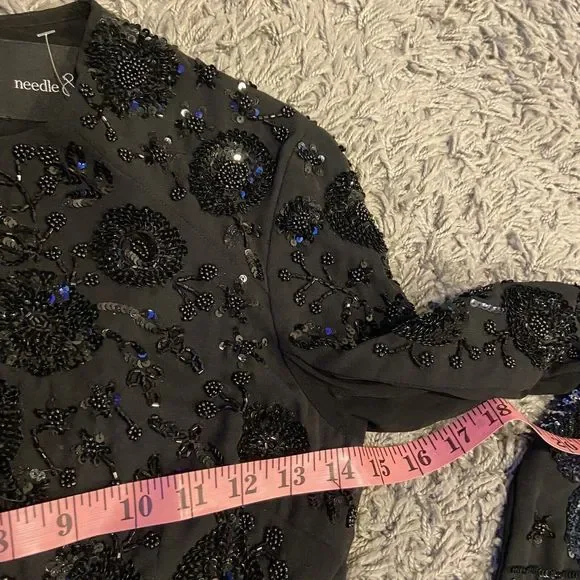 Needle & Thread Long Sleeve Lace Sequin Embellished Mini Dress Black Midnight 0